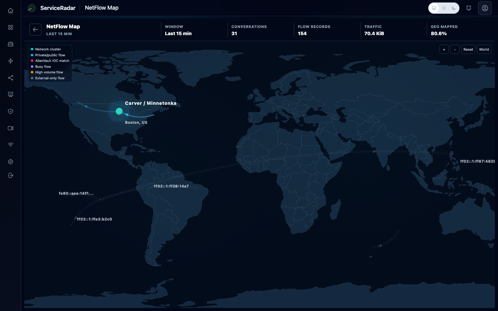 ServiceRadar live global NetFlow map showing real-time traffic across sites