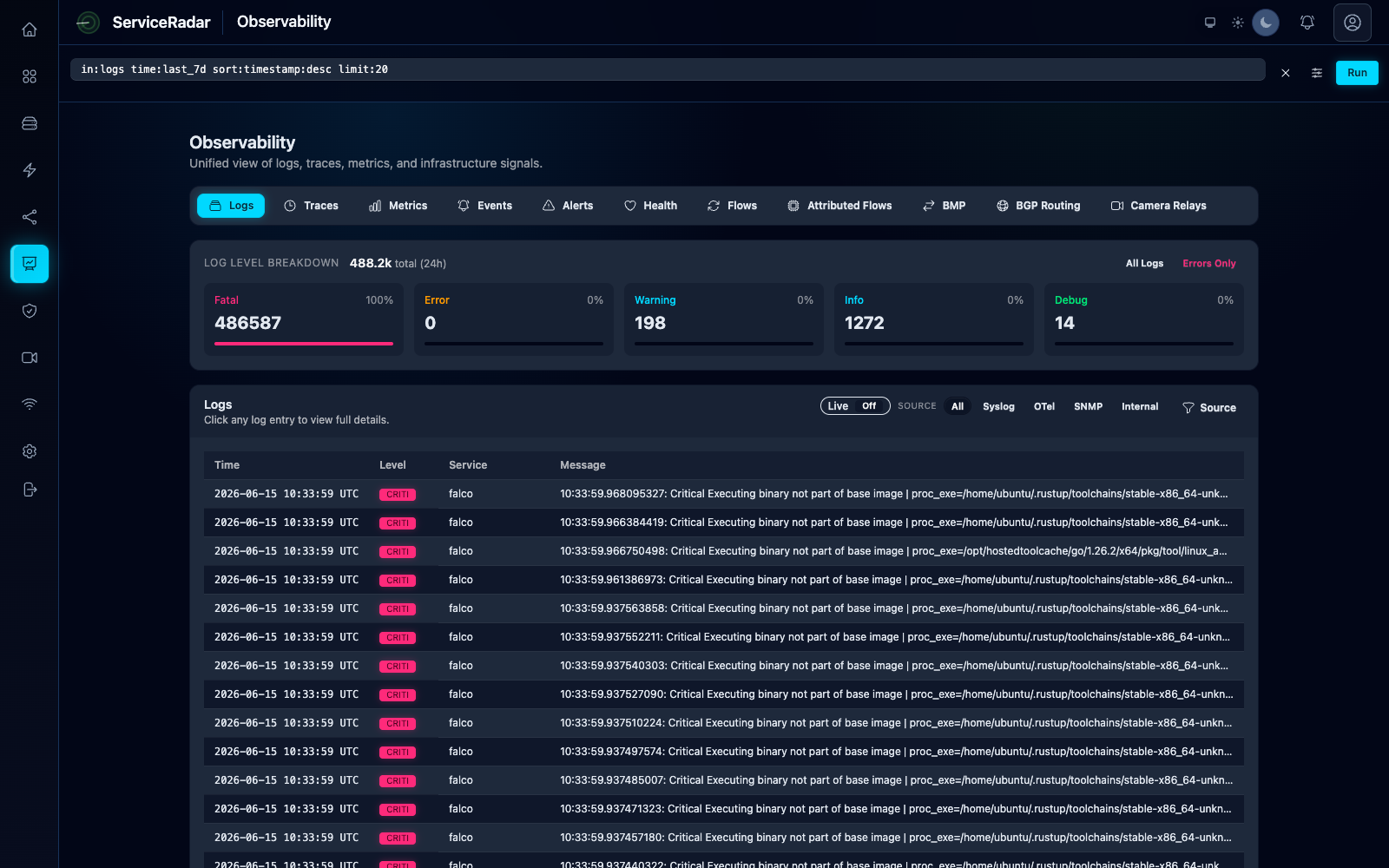 ServiceRadar observability view showing a plain-language question compiled to an SRQL query over live logs